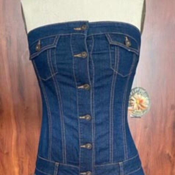 Strapless Denim Mini Dress With Pockets - Picture 1 of 7